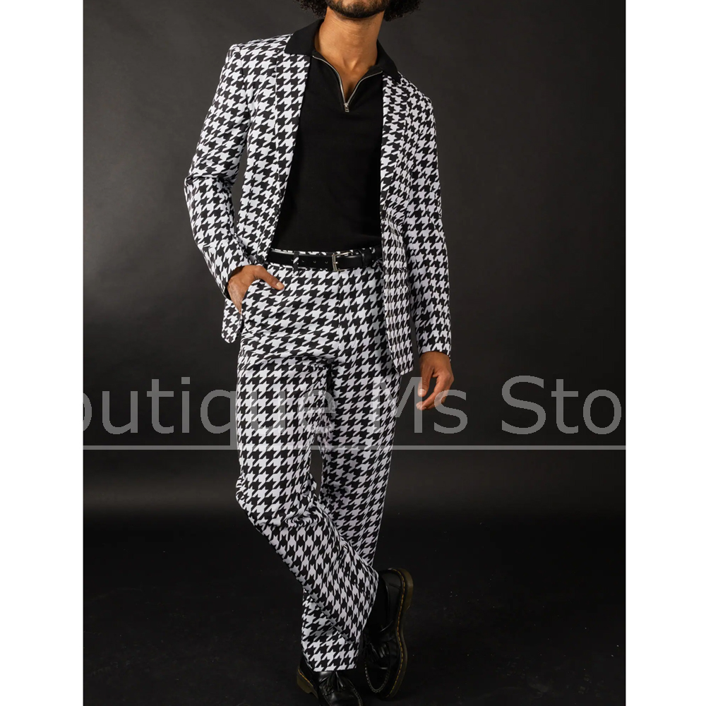 Men Formal Wear Black And White - أسود أبيض Houndstooth الرجال البدلة سليم