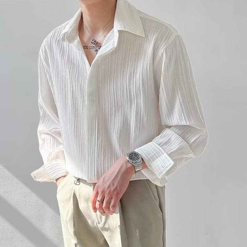 Korean Men Formal Wear - أسود المشمش الأبيض بأكمام طويلة قميص